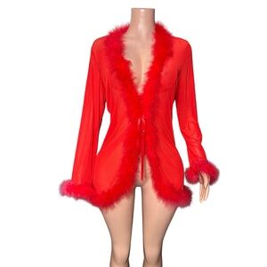 Elegant Red Sheer Robe with Feather Trim